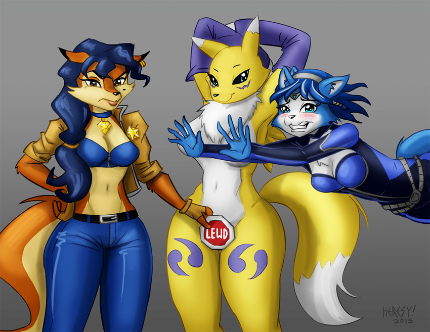 anthro badge black_sclera blue_eyes blue_fur blue_hair breasts brown_eyes canine carmelita_fox convenient_censorship covering crossover digimon ear_piercing female fox fur group hair heresy_(artist) krystal mammal midriff navel nintendo nude piercing raised_arm renamon sly_cooper_(series) star_fox video_games white_fur wide_hips yellow_fur