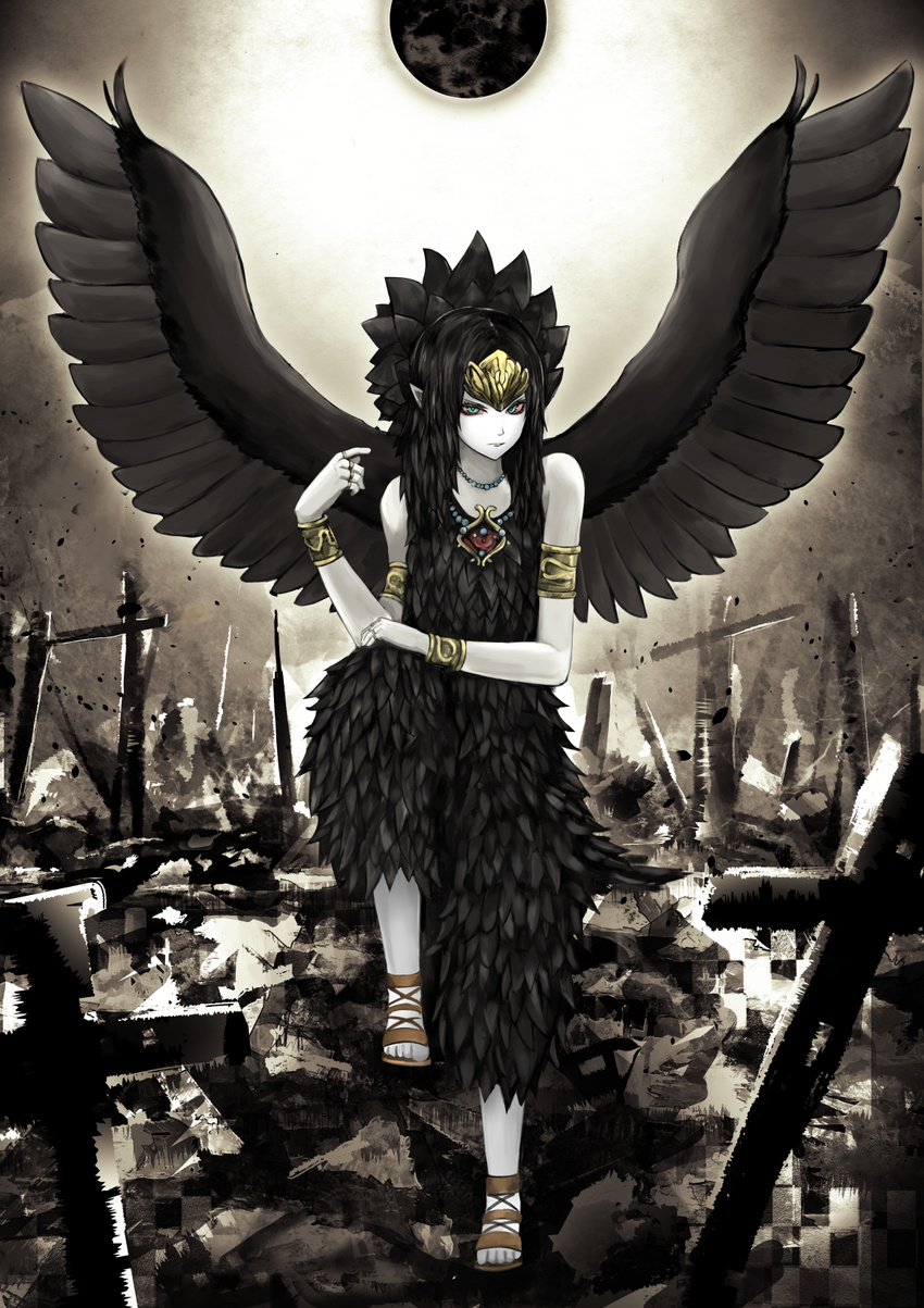 armlet bare_shoulders bead_necklace beads bird_wings black_dress black_hair black_moon black_wings bracelet commentary dress duel_monster fabled_grimro feathered_wings forehead_protector full_body full_moon green_eyes highres jewelry kaze_minoru_so-ru long_hair looking_at_viewer moon necklace pointy_ears red_sclera ruins solo white_skin wings yuu-gi-ou