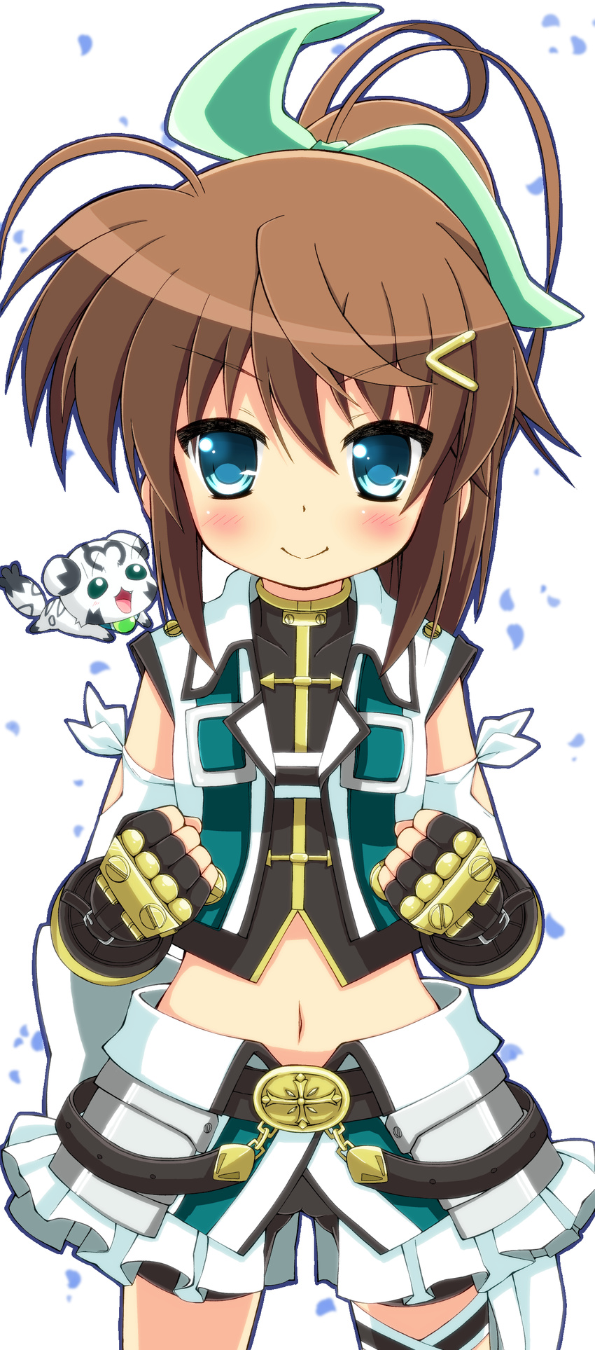 :3 absurdres ahoge azumaya_(miyui001) blue_eyes blush brown_hair clenched_hands cropped_jacket fang faulds fingerless_gloves fuuka_reventon gloves highres huracan_(vivid_strike!) jacket lyrical_nanoha magical_girl midriff navel open_clothes open_jacket ponytail thigh_strap vivid_strike!