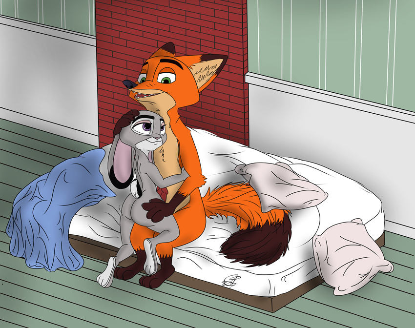 anthro bed canine disney female fox hi_res i_ship_it_real_hard judy_hopps lagomorph mammal morning nick_wilde nude nudy penis pillow plain_color rabbit smile solid_color zootopia