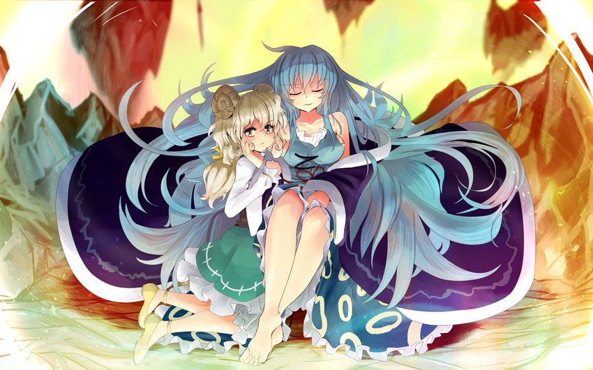 &gt;:( anklet bangs bare_shoulders barefoot blue_hair blue_skirt breasts camisole closed_eyes closed_mouth collarbone commentary_request frown full_body gensou_shoujo_taisen green_skirt hair_ribbon highres horns jewelry kneeling large_breasts light_brown_hair long_hair long_sleeves low_ponytail meeko_(touhou) multiple_girls muwatari_makura nama_shirasu off_shoulder parted_lips ribbon sheep_horns shirt sitting skirt touhou v-shaped_eyebrows very_long_hair white_shirt wide_sleeves