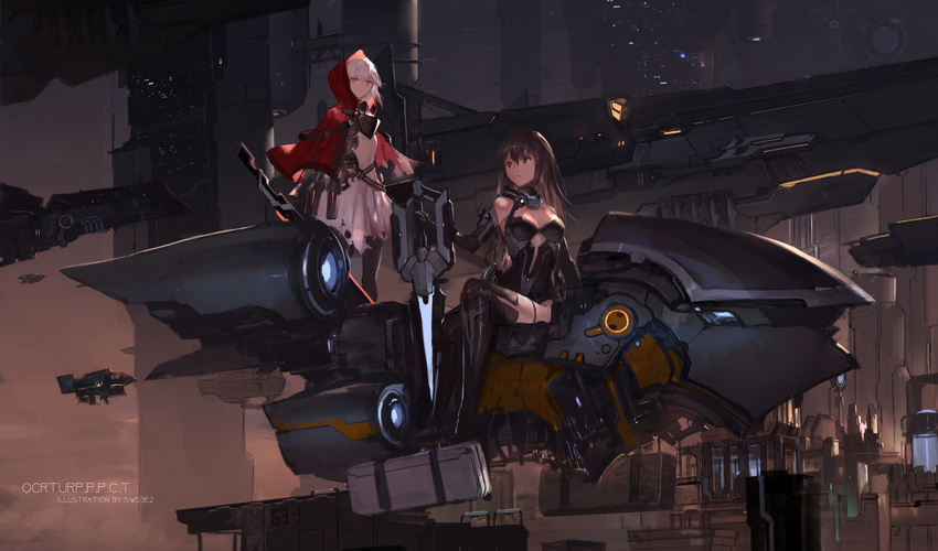 :&lt; absurdres aircraft artist_name black_footwear black_gloves black_hair black_legwear boots breastplate breasts brown_eyes cleavage cloak dress elbow_gloves expressionless gloves hair_between_eyes highres holding holding_weapon hood hooded_cloak hover_bike leotard long_hair looking_at_another looking_at_viewer looking_up medium_breasts multiple_girls original outdoors pantyhose pleated_dress red_hood science_fiction short_dress short_hair sidesaddle silver_hair sitting standing swd3e2 thigh_boots thighhighs torn_clothes torn_dress weapon white_dress yellow_eyes