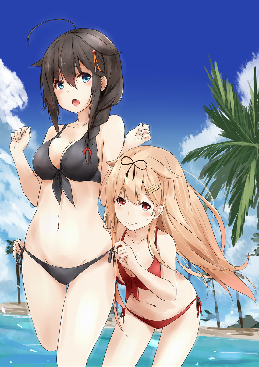 :o ahoge assisted_exposure bikini black_bikini black_ribbon blonde_hair blue_eyes braid brown_hair hair_flaps hair_ornament hair_ribbon hairclip highres kantai_collection long_hair multiple_girls red_eyes remodel_(kantai_collection) ribbon saku_(kudrove) shigure_(kantai_collection) single_braid swimsuit untying yuudachi_(kantai_collection)