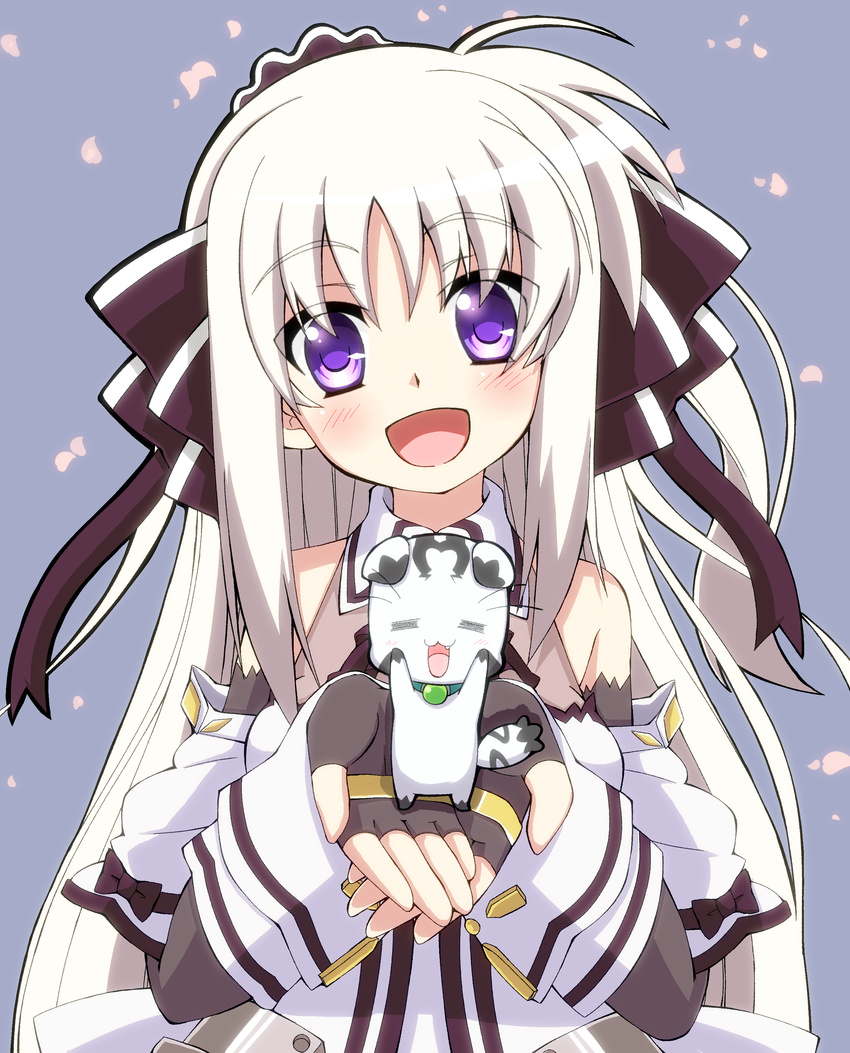 :d absurdres azumaya_(miyui001) bare_shoulders black_gloves blush fingerless_gloves gloves highres huracan_(vivid_strike!) long_hair looking_at_viewer lyrical_nanoha magical_girl open_mouth purple_eyes rinne_berlinetta silver_hair smile vivid_strike!