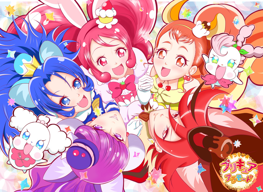 :d animal_ears arisugawa_himari bangs blue_eyes blue_hair bow brown_eyes brown_hair bunny_ears cake_hair_ornament cat_ears circle_formation copyright_name creature cure_chocolat cure_custard cure_gelato cure_macaron cure_whip dog_ears earrings extra_ears food_themed_hair_ornament from_above gloves hair_ornament hairband holding_hands jewelry kenjou_akira kirakira_precure_a_la_mode kirarin_(precure) kotozume_yukari lion_ears long_hair looking_at_viewer macaron_hair_ornament magical_girl multicolored_hair multiple_girls open_mouth parted_bangs pekorin_(precure) pink_bow pink_eyes pink_hair ponytail precure purple_eyes purple_hair red_eyes red_hair red_hairband sawamura_yasuaki short_hair smile squirrel_ears squirrel_tail streaked_hair swept_bangs tail tategami_aoi twintails two-tone_hair usami_ichika white_gloves