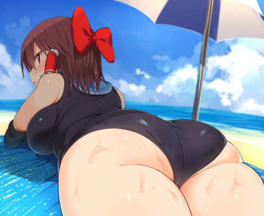 ass beach_towel beach_umbrella benjamin_button_suukina_jinsei blue_sky bow breasts brown_hair cloud cloudy_sky cookie_(touhou) day hair_bow hair_tubes hakurei_reimu large_breasts lying on_stomach one-piece_swimsuit outdoors plump red_bow red_eyes reu sand sky solo swimsuit thick_thighs thighs touhou towel umbrella water wet