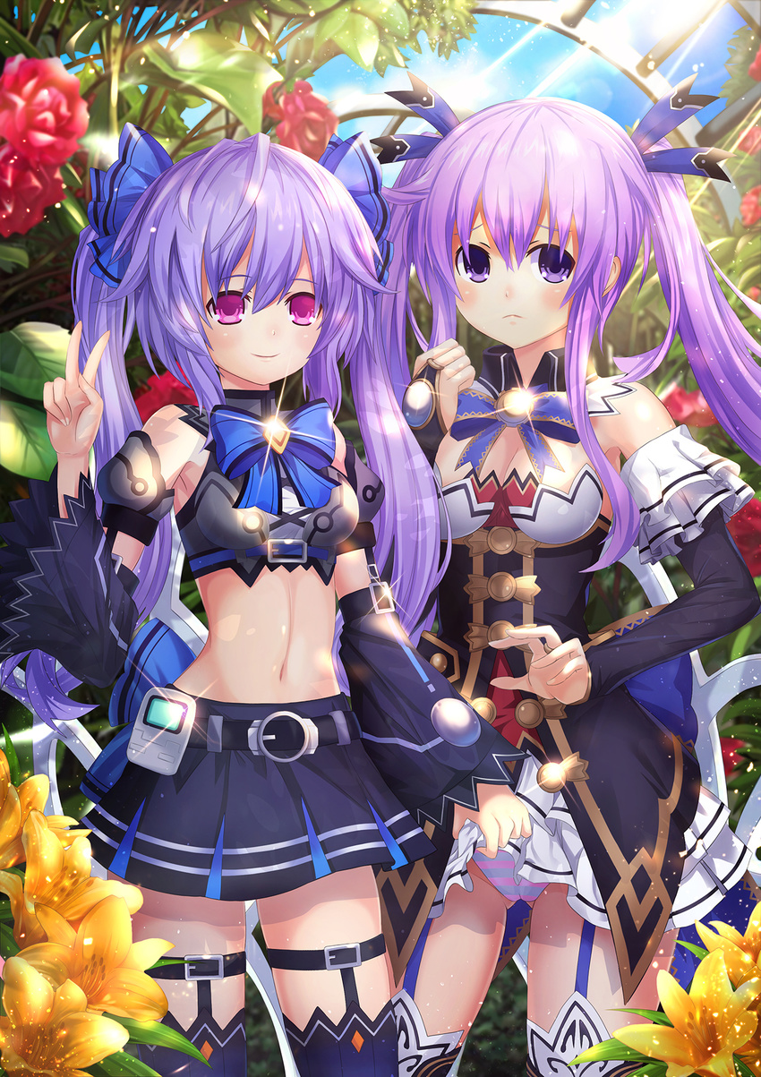 assisted_exposure bare_shoulders beluga_dolphin blush breasts cleavage cosplay detached_collar embarrassed garter_straps hair_ornament hair_ribbon highres humiliation large_breasts lens_flare long_hair looking_at_viewer midriff multiple_girls navel nepgear neptune_(series) noire noire_(cosplay) panties pantyshot pleated_skirt purple_eyes purple_hair pururut red_eyes revision ribbon skirt smile striped striped_panties thighhighs twintails underwear v very_long_hair
