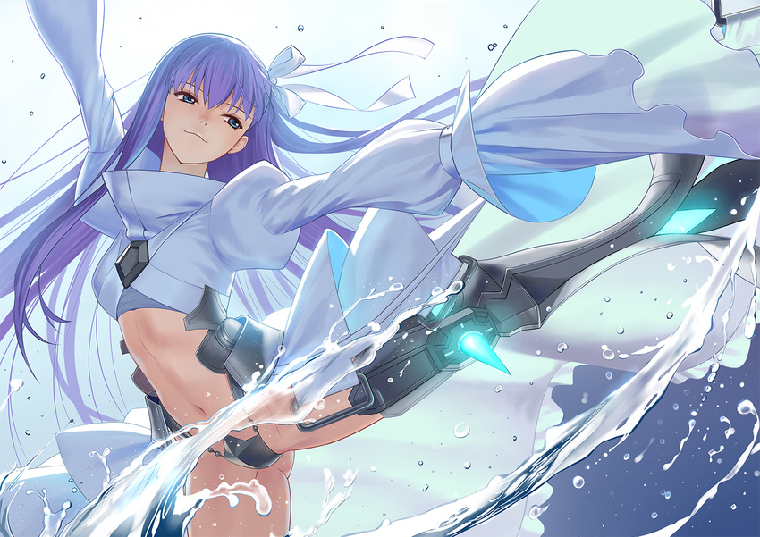 armor armored_boots blue_eyes boots crotch_plate fate/extra fate/extra_ccc fate/grand_order fate_(series) hair_ribbon long_hair long_sleeves meltlilith navel purple_hair revealing_clothes revision ribbon solo tsukikanade very_long_hair water