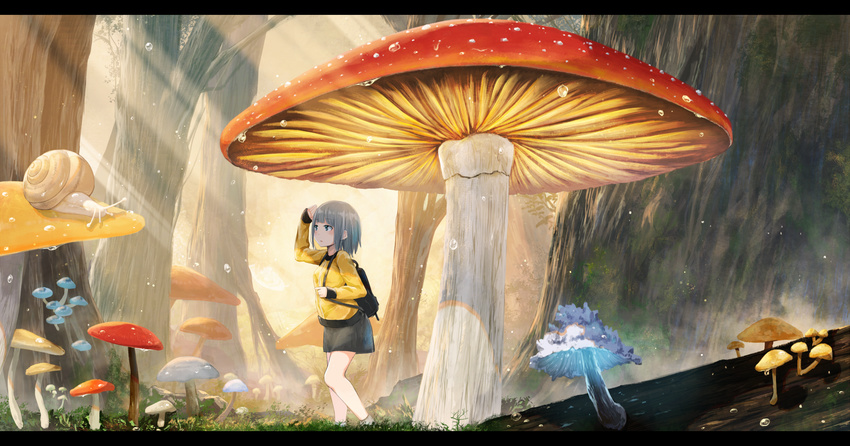 1girl animal backpack bag black_skirt blue_eyes blush commentary_request dew_drop expressionless fly_agaric from_side grey_hair highres holding_strap hoshimiya_aki jacket letterboxed light_rays long_sleeves looking_afar looking_away md5_mismatch mini_person minigirl morning moss mushroom nature original outdoors pencil_skirt revision shading_eyes short_hair skirt sleeves_past_wrists snail socks solo sunbeam sunlight sunrise tree walking water_drop yellow_jacket