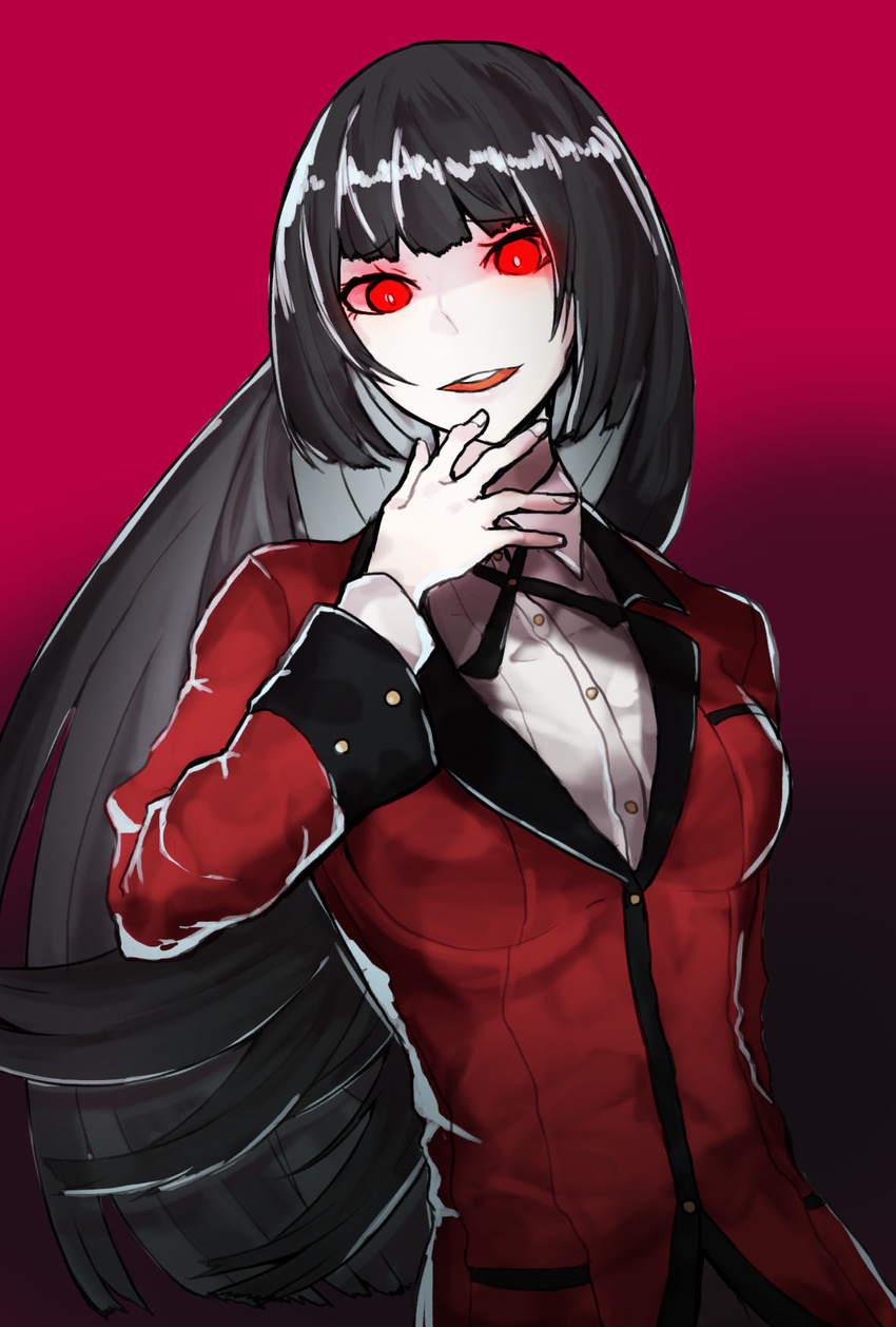 black_hair black_ribbon breasts commentary_request dress_shirt eyebrows_visible_through_hair formal glowing glowing_eyes gradient gradient_background hand_on_own_face highres hime_cut jabami_yumeko kakegurui long_hair looking_at_viewer medium_breasts open_mouth papupo red_eyes red_suit ribbon school_uniform shirt skirt solo suit suit_jacket teeth very_long_hair