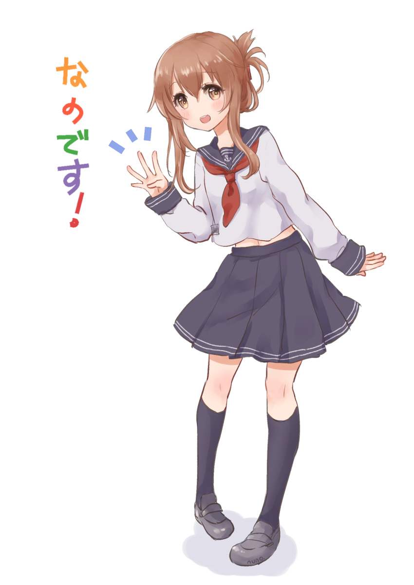 anchor_symbol black_legwear blush brown_eyes brown_hair check_commentary commentary commentary_request folded_ponytail full_body hair_between_eyes hair_ornament hairclip hand_gesture highres inazuma_(kantai_collection) kantai_collection loafers long_hair nanodesu_(phrase) neckerchief nuno_(pppompon) pleated_skirt school_uniform serafuku shoes skirt smile socks solo translated