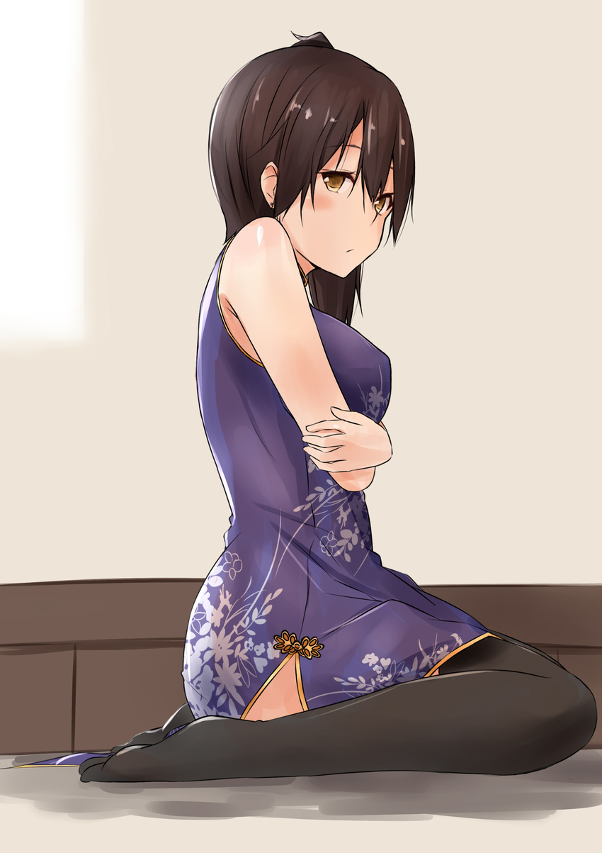 alternate_costume bare_shoulders black_legwear breast_hold breasts brown_eyes brown_hair china_dress chinese_clothes crossed_arms dress hair_between_eyes highres kaga_(kantai_collection) kantai_collection large_breasts long_hair saku_(kudrove) side_ponytail sitting sleeveless solo thighhighs wariza