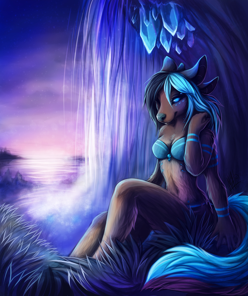 5_fingers anthro blakc_nose blue_eyes blue_hair canine clothed clothing day detailed_background female grass hair hybrid mammal midriff navel neotheta outside smile