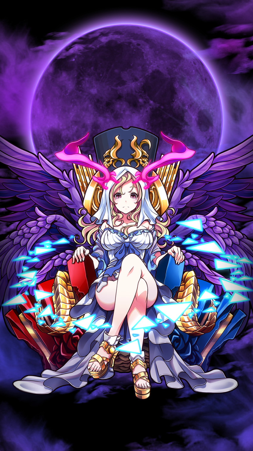 bare_shoulders blonde_hair blue_ribbon breasts closed_mouth collarbone crossed_legs dress expressionless fingernails full_body full_moon highres horns large_breasts long_dress long_hair looking_at_viewer lucifer_(monster_strike) monster_strike moon phone_wallpaper pink_eyes purple_moon purple_wings ribbon sitting solo spread_wings throne triangle v-mag wavy_hair white_dress wings