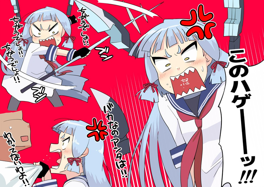 1girl :o anger_vein blue_eyes blush commentary dress fingerless_gloves gloves hair_ribbon headgear kantai_collection kozou_(rifa) long_hair long_sleeves murakumo_(kantai_collection) necktie open_mouth pantyhose polearm red_background ribbon sailor_collar sailor_dress sharp_teeth teeth translated tress_ribbon v-shaped_eyebrows weapon yellow_eyes