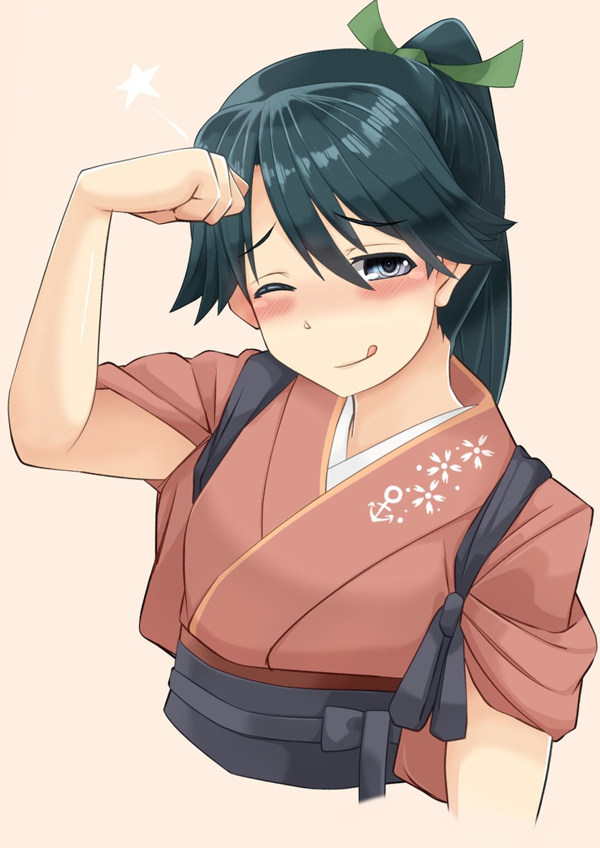 ;q anchor_symbol black_eyes black_hair blush commentary_request cropped_torso dojikko_pose floral_print hair_ribbon hand_to_head highres houshou_(kantai_collection) imagawa_akira japanese_clothes kantai_collection long_hair looking_at_viewer one_eye_closed pink_background ponytail ribbon sleeves_rolled_up solo star tehepero tongue tongue_out upper_body