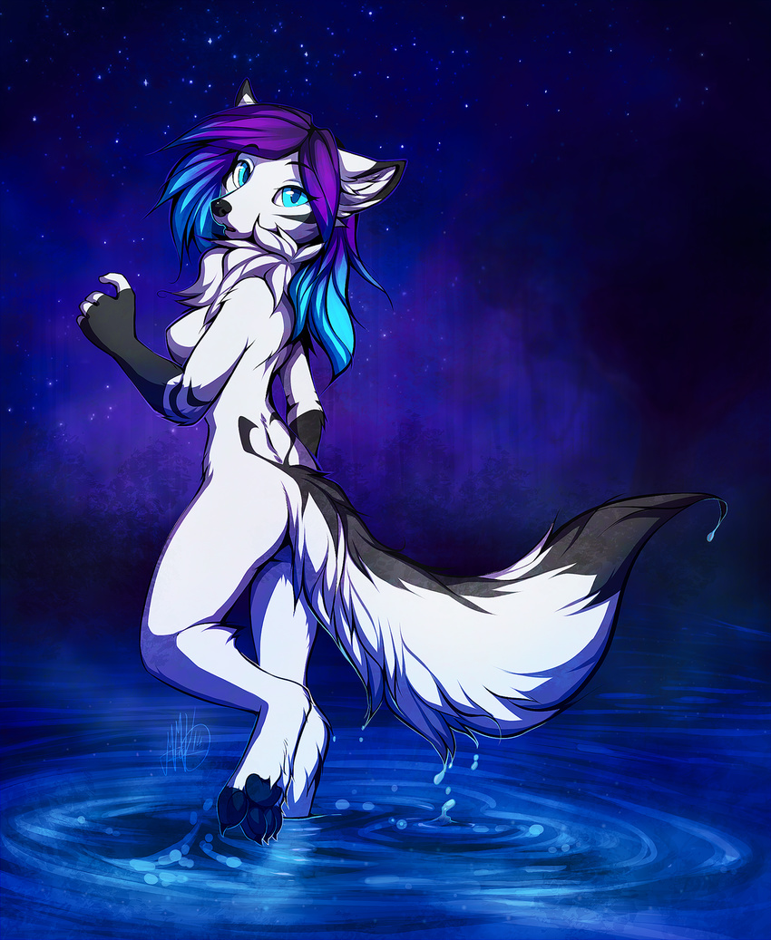 2014 5_fingers anthro bare_back blue_hair breasts canine digitigrade fox fur hair mammal neotheta nude partially_submerged purple_hair solo water white_fur