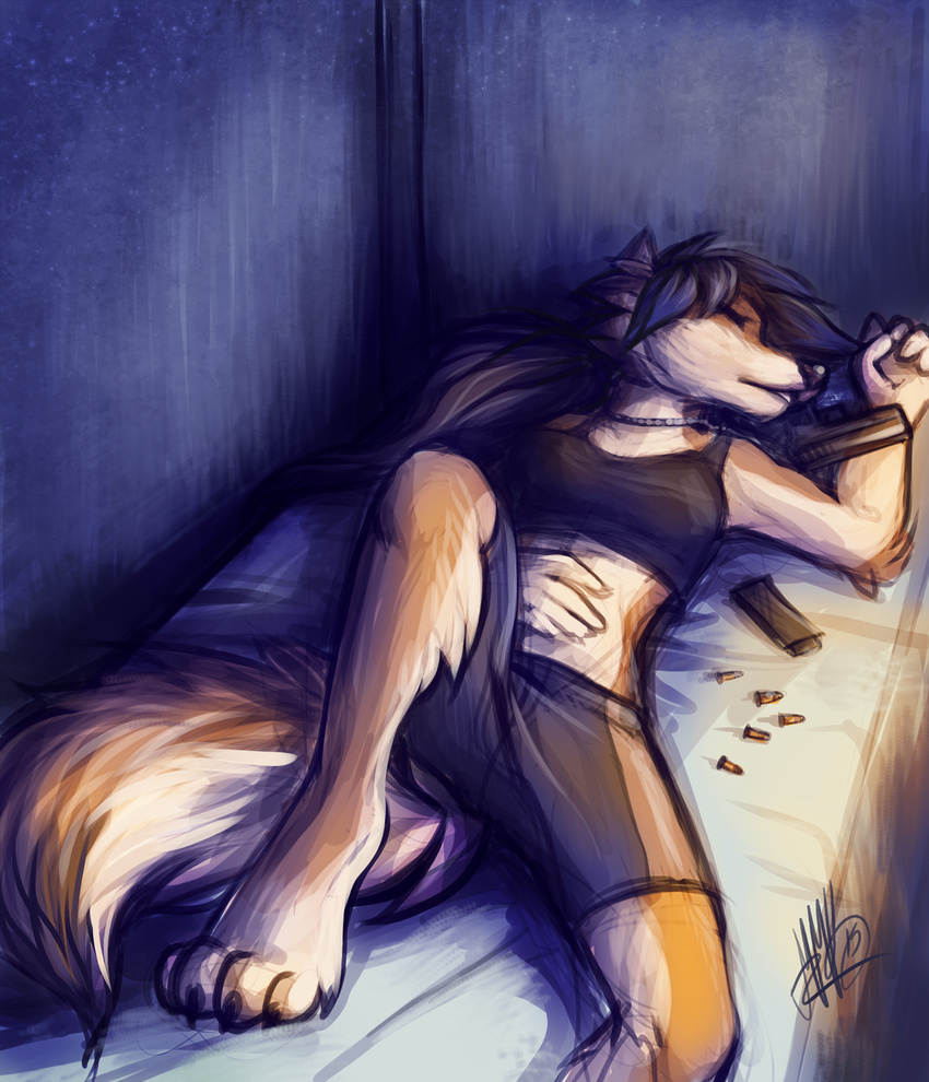 2015 4_toes 5_fingers anthro barefoot breasts canine detailed_background digitigrade eyes_closed female gun hand_on_stomach handgun mammal midriff neotheta pistol ranged_weapon sleeping solo toes weapon wolf
