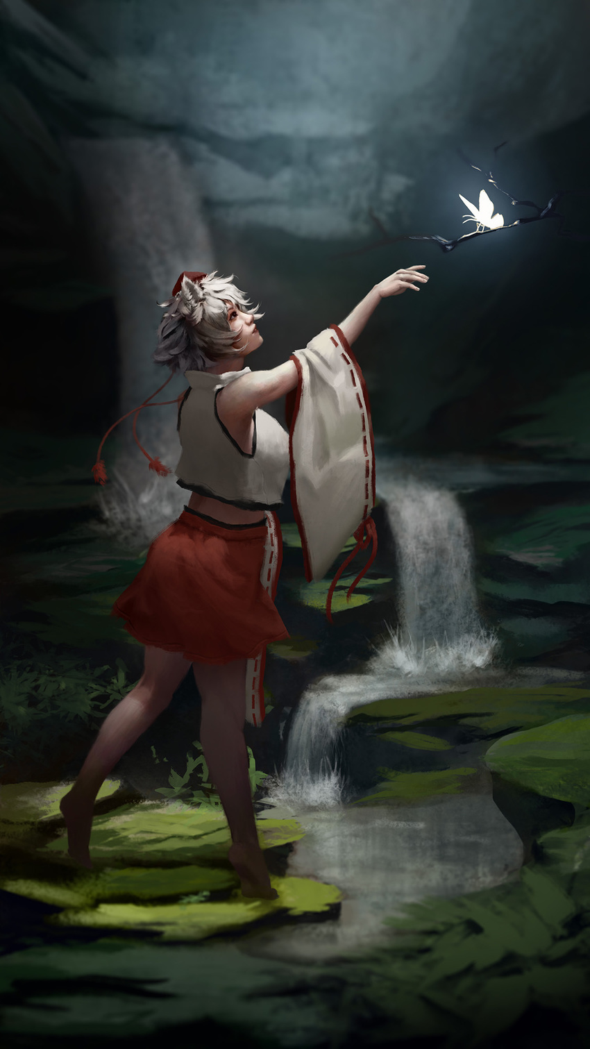 animal_ears arm_up bare_legs bare_shoulders barefoot bug butterfly cave crop_top detached_sleeves from_side full_body glowing_butterfly grey_hair hat high_collar highres insect inubashiri_momiji lips miniskirt nature no_tail outstretched_arm red_skirt ribbon-trimmed_sleeves ribbon_trim river shirt short_hair skirt sleeveless sleeveless_shirt standing standing_on_one_leg tiptoes tokin_hat touhou water waterfall wide_sleeves wolf_ears yuurei