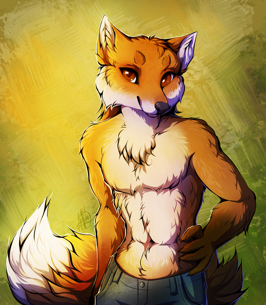2015 anthro black_nose brown_eyes canine clothed clothing fox fur looking_at_viewer male mammal neotheta orange_fur smile solo topless white_fur