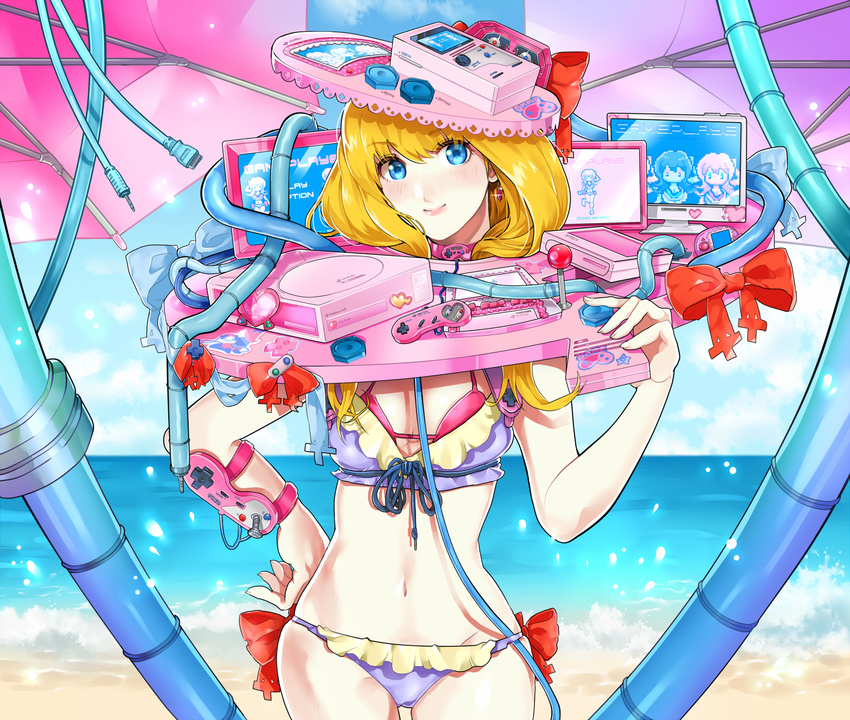 bikini blonde_hair blue_eyes blush bow breasts controller eyebrows_visible_through_hair frilled_bikini frills game_console game_controller hand_on_hip heart highres joystick long_hair looking_at_viewer medium_breasts navel ochiai_maharu original red_bow smile super_nintendo swimsuit