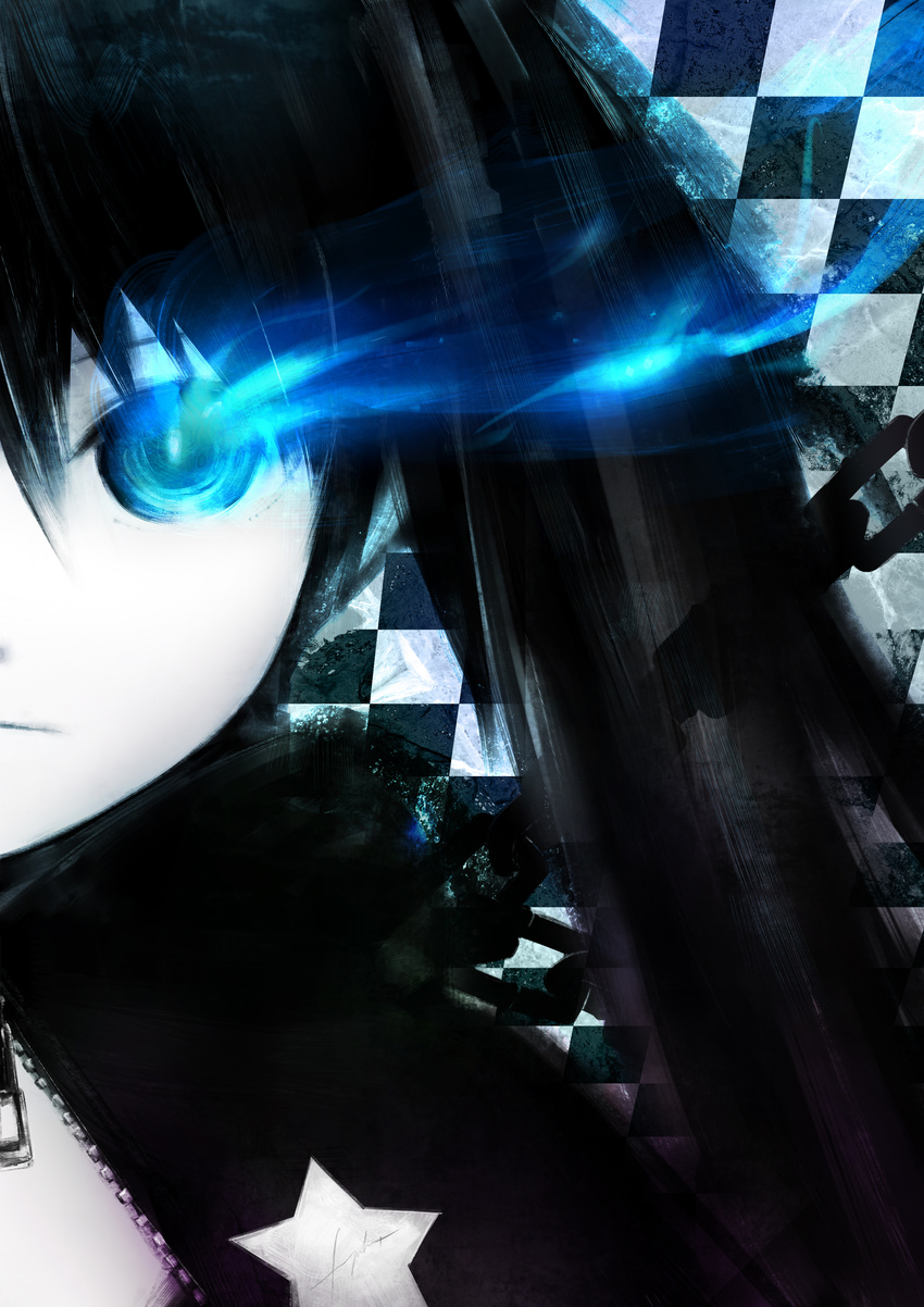 absurdres black_hair black_rock_shooter black_rock_shooter_(character) blue_eyes chain coat fuyuno_yuuki glowing glowing_eyes highres md5_mismatch portrait solo star