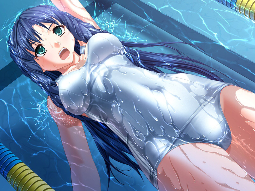 aqua_eyes backstroke blue_hair braid game_cg highres hiiro_yuki lane_line long_hair old_school_swimsuit one-piece_swimsuit pool school_swimsuit shiny shiny_clothes solo swimming swimsuit takaya_minami twin_braids wet yuuguu_settai