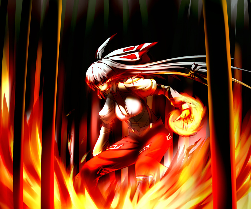 bad_id bad_pixiv_id bamboo bamboo_forest bow breasts cleavage fire forest fujiwara_no_mokou hair_bow hair_ribbon highres large_breasts long_hair nature red_eyes ribbon solo sorono suspenders touhou very_long_hair white_hair