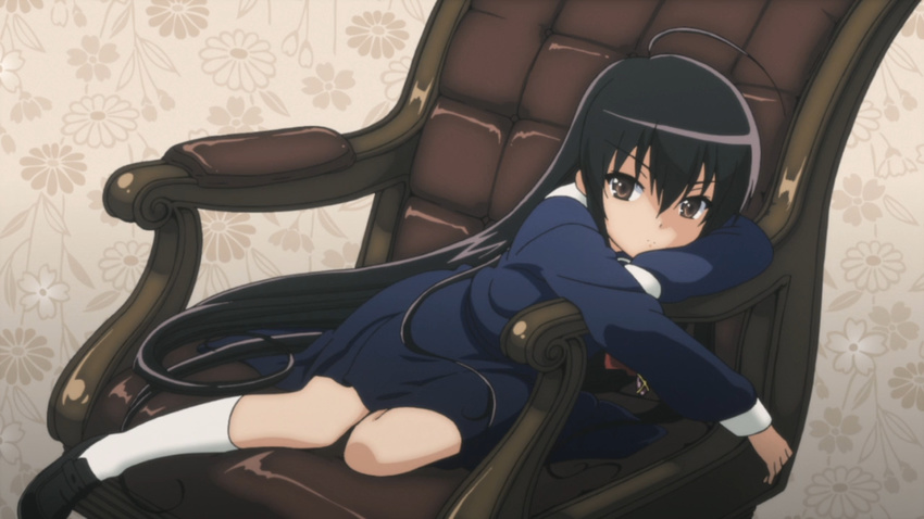 ahoge alastor_(shakugan_no_shana) black_hair brown_eyes chair child kneehighs loafers long_hair non-web_source school_uniform serafuku shakugan_no_shana shana shoes socks