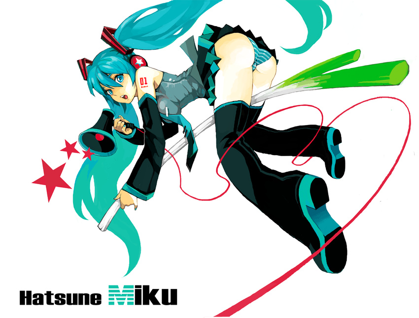 aqua_eyes aqua_nails ass bad_id bad_pixiv_id boots detached_sleeves fishine hatsune_miku legs long_hair megaphone nail_polish necktie panties solo spring_onion striped striped_panties thigh_boots thighhighs twintails underwear vocaloid