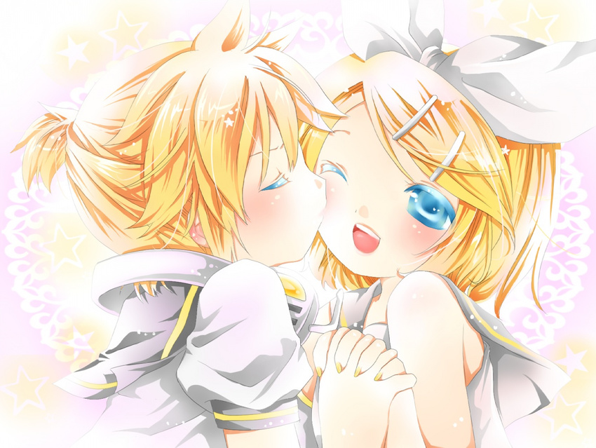 1girl brother_and_sister hachimitsu_(127032) holding_hands kagamine_len kagamine_rin kiss one_eye_closed siblings twins vocaloid