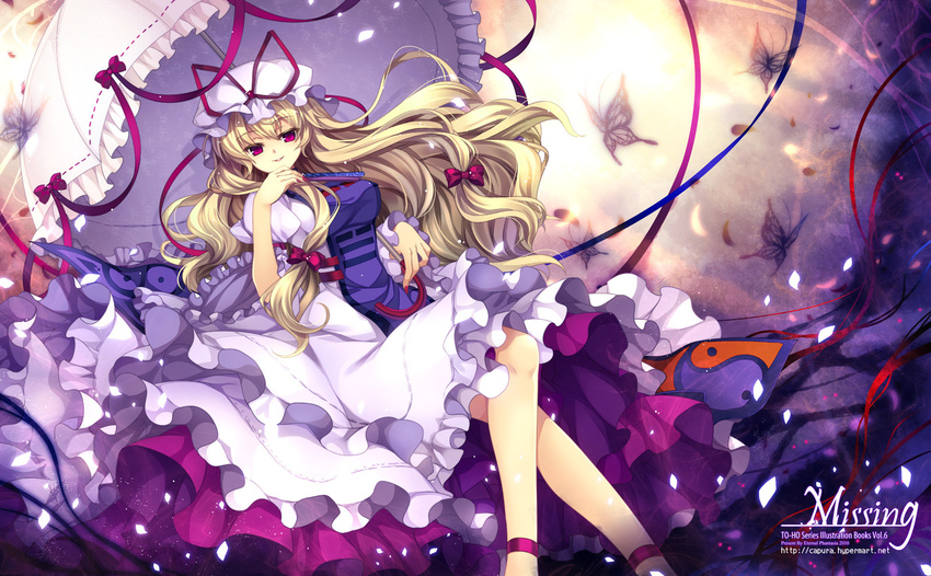 anklet blonde_hair bug butterfly capura_lin chin_rest crossed_legs frills hair_ribbon hat highres insect jewelry petals purple_eyes ribbon sitting smile solo touhou umbrella yakumo_yukari