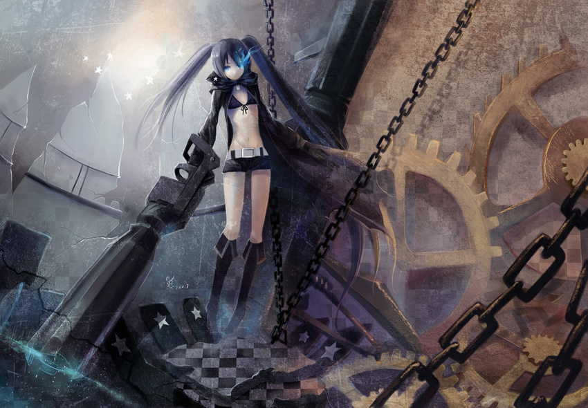 absurdres arm_cannon bad_id bad_pixiv_id belt bikini_top black_hair black_rock_shooter black_rock_shooter_(character) blue_eyes boots burning_eye chain coat flat_chest highres long_hair midriff navel scar shorts shuiyituzi solo twintails weapon