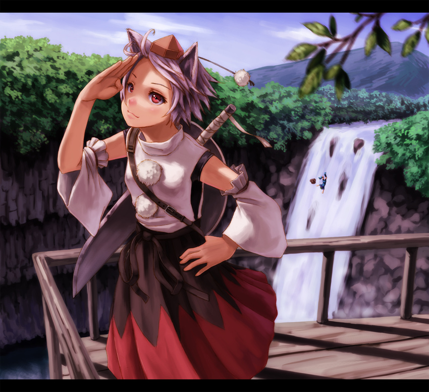 animal_ears bad_id bad_pixiv_id day detached_sleeves face failure falling forest hands hat highres inubashiri_momiji kawashiro_nitori kurione_(zassou) mountain multiple_girls nature red_eyes salute shading_eyes short_hair sword tokin_hat touhou water waterfall weapon wolf_ears