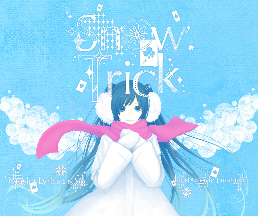 bad_id bad_pixiv_id blue blue_eyes blue_hair card coat earmuffs english floating_card flower hands_on_own_chest hands_together hatsune_miku long_hair mittens onohana own_hands_together red_scarf scarf snow_trick_(vocaloid) solo twintails vocaloid winter