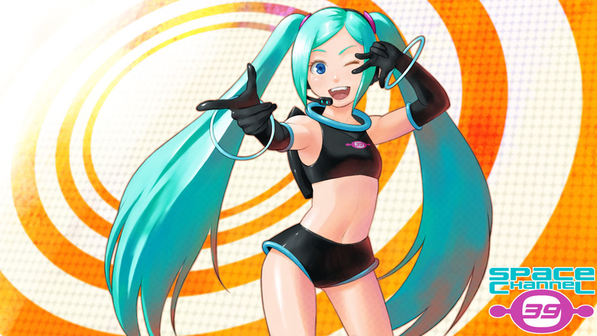 aqua_eyes aqua_hair bad_id bad_pixiv_id cosplay elbow_gloves gahon gloves hatsune_miku headset midriff navel one_eye_closed open_mouth pointing project_diva project_diva_(series) short_shorts shorts smile solo space_channel_39_(module) space_channel_5 twintails ulala ulala_(cosplay) v vocaloid