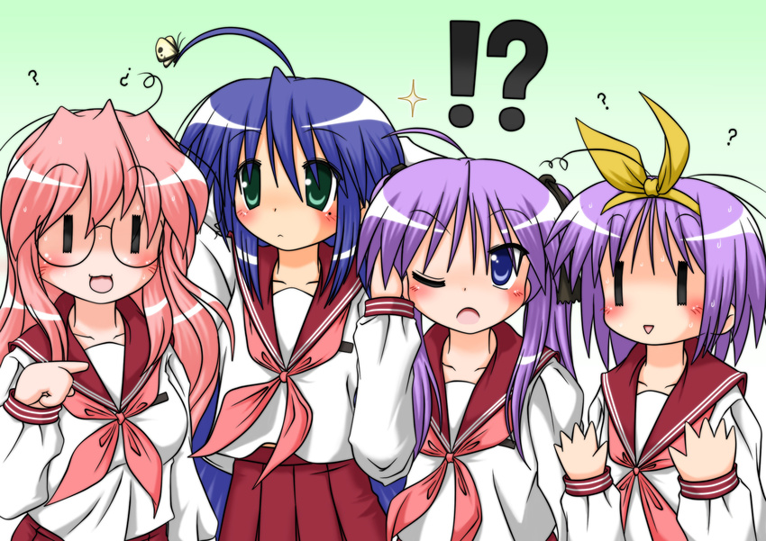 4girls ahoge blue_eyes blue_hair bug butterfly gaketsu green_eyes highres hiiragi_kagami hiiragi_tsukasa insect izumi_konata long_hair lucky_star messy_hair mole mole_under_eye multiple_girls one_eye_closed pink_hair pink_neckwear purple_hair ryouou_school_uniform school_uniform serafuku short_hair siblings sisters takara_miyuki twins |_|