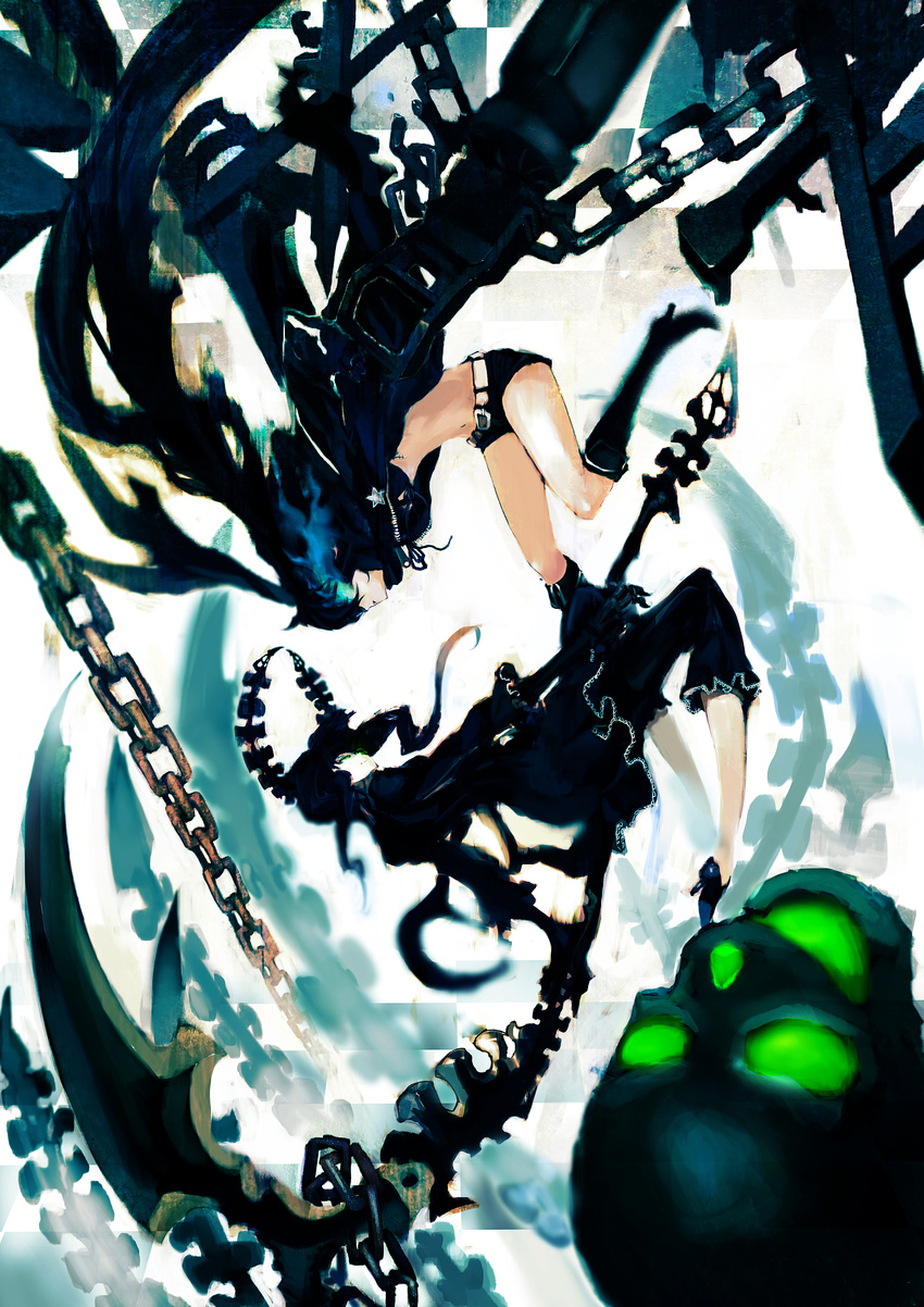 absurdres bikini_top black_dress black_hair black_rock_shooter black_rock_shooter_(character) blue_eyes boots burning_eye chain dead_master dress green_eyes highres horns long_hair midriff multiple_girls scar scythe shorts skull smile so-bin sword twintails very_long_hair weapon wings