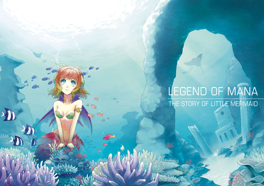 angelfish armlet bikini_top blue_eyes bracelet breasts brown_hair copyright_name coral english fish fisheye flameshe frown jewelry legend_of_mana looking_up manta_ray mermaid monster_girl necklace ruins scales seiken_densetsu small_breasts solo souichi sunlight underwater underwater_city v_arms water wavy_hair