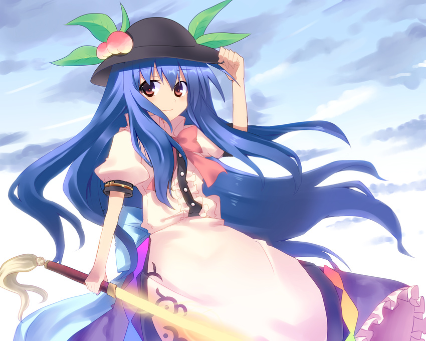 apron bad_id bad_pixiv_id blue_hair bow dress food fruit garigarigari glowing hand_on_headwear hat hat_tip highres hinanawi_tenshi long_hair peach red_eyes smile solo sunrise sword sword_of_hisou touhou weapon