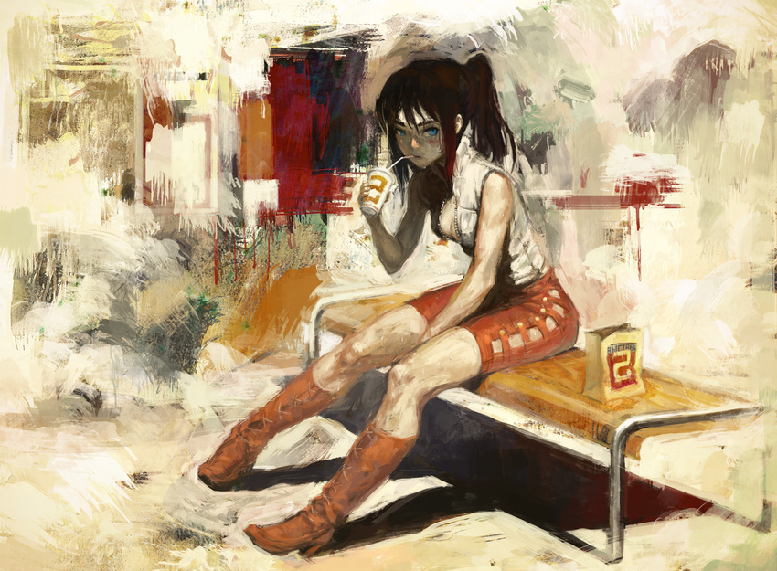 arata_yokoyama bag bare_shoulders bench between_legs blue_eyes boots drinking drinking_straw high_heels highres multicolored_hair original paper_bag ponytail shoes sitting skirt solo sweat traditional_media unzipped