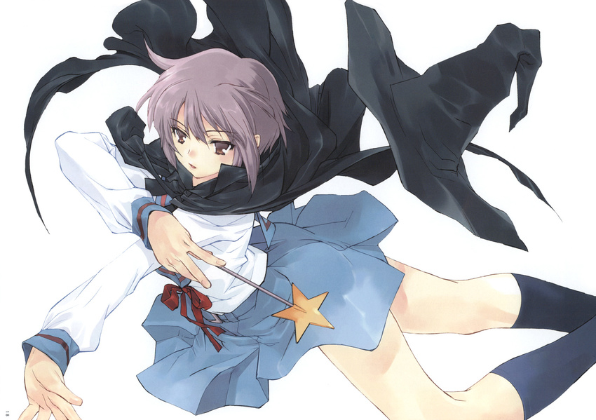 brown_eyes cape grey_hair highres kita_high_school_uniform kneehighs nagato_yuki okazaki_takeshi school_uniform serafuku short_hair socks solo suzumiya_haruhi_no_yuuutsu wand