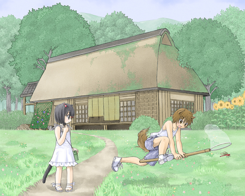 1girl animal_ears black_eyes black_hair brother_and_sister brown_eyes brown_hair bug butterfly_net cat_ears cat_tail child day dog_ears dragonfly dress flower gable_roof grass hair_bobbles hair_ornament hand_net house insect kanzaki_hayato kanzaki_miku kuroinu original outdoors sandals shoes shorts siblings side_ponytail sneakers sundress sunflower tail thatched_roof tree younger
