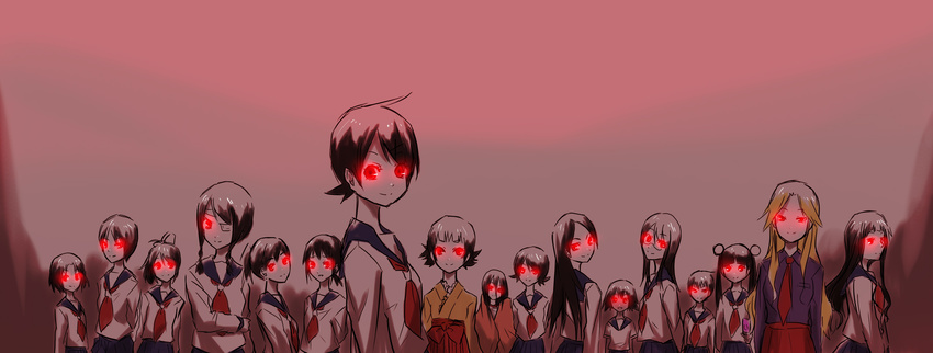 arms_behind_back bandage_over_one_eye bandages bangs black_hair blanket blonde_hair blunt_bangs bob_cut bow braid cellphone durarara!! everyone evil eyepatch frills fujiyoshi_harumi fuura_kafuka glasses glowing glowing_eye glowing_eyes grin hair_bobbles hair_bow hair_ornament hairclip hakama highres hitou_nami horror_(theme) itoshiki_rin japanese_clothes kaga_ai kimono kimura_kaere kitsu_chiri kobushi_abiru komori_kiri long_hair looking_back maruuchi_shouko mitama_mayo multiple_girls necktie nezu_miko ookusa_manami open_mouth otonashi_meru oura_kanako parted_bangs phone ponytail red_eyes ribbon richa_doa sayonara_zetsubou_sensei school_uniform sekiutsu_maria_tarou serafuku short_hair sidelocks simple_background skirt smile spoilers squinting standing staring swept_bangs tsunetsuki_matoi twin_braids twintails wavy_hair