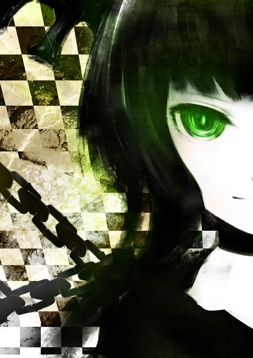 absurdres black_hair black_rock_shooter chain dead_master fuyuno_yuuki green_eyes highres horns long_hair portrait smile solo tsurime