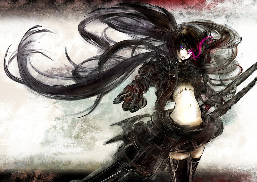 akaitera bad_id bad_pixiv_id banned_artist black_hair black_rock_shooter black_rock_shooter_(character) glowing glowing_eye long_hair solo stitches thighhighs twintails weapon