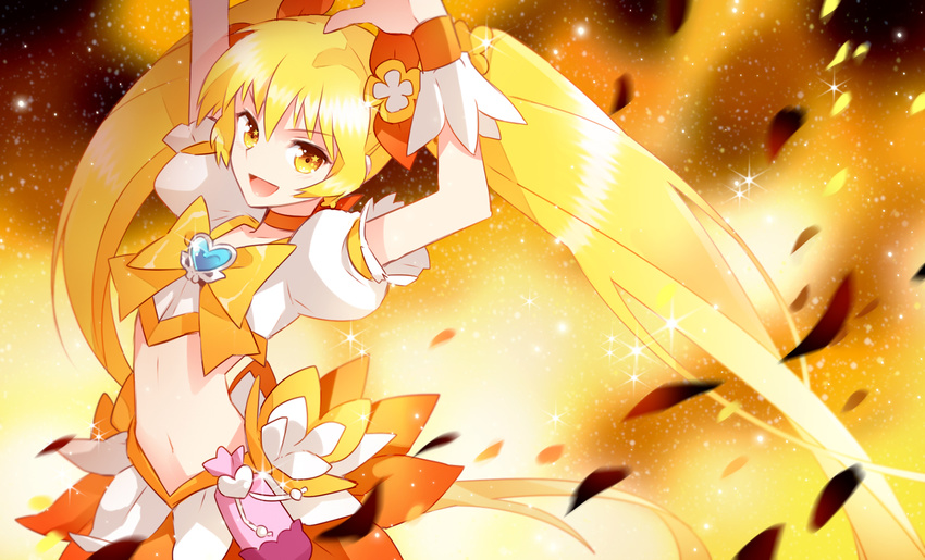 bad_id bad_pixiv_id blonde_hair bow choker cure_sunshine heartcatch_precure! highres long_hair magical_girl midriff myoudouin_itsuki nardack navel orange_choker orange_eyes orange_skirt precure skirt solo twintails very_long_hair yellow yellow_background yellow_bow