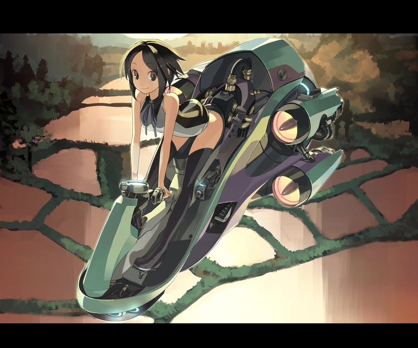 bent_over black_hair brown_eyes engine ground_vehicle hover_bike legs letterboxed md5_mismatch motor_vehicle original rice_paddy shihou_(g-o-s) short_hair smile solo thighhighs