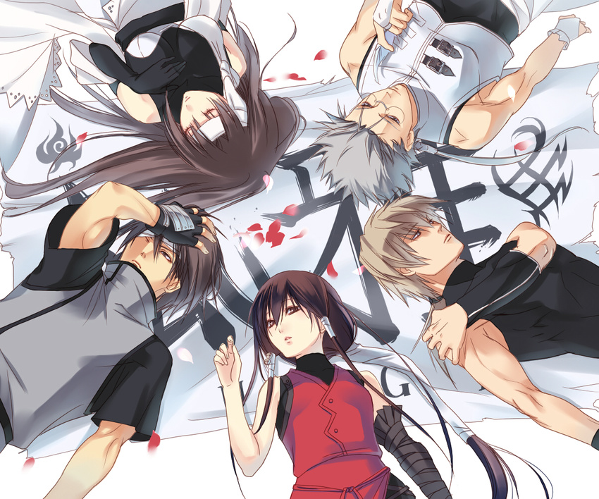 4boys arm_up bandage_over_one_eye bandages bangs bare_shoulders black_hair bridal_gauntlets brother_and_sister brown_eyes circle_formation closed_eyes crop_top detached_sleeves elbow_gloves fingerless_gloves from_above fuuchouin_kazuki getbackers glasses gloves hair_between_eyes hair_spread_out hair_tubes hand_on_own_chest hand_on_own_head hand_on_own_shoulder hand_on_own_stomach headband hirai_chika kakei_juubei kakei_sakura lace long_hair looking_at_viewer looking_away lying multiple_boys muscle on_back otoko_no_ko petals ponytail short_hair siblings silver_hair spiked_hair strap toufuuin_saizou turtleneck upper_body uryuu_toshiki very_long_hair