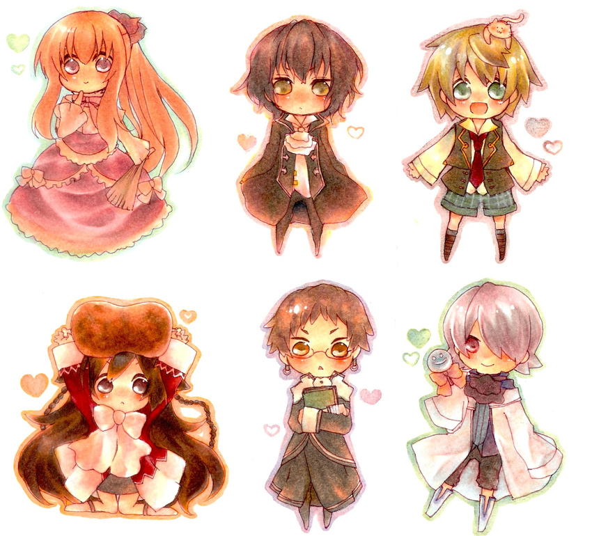 4boys alice_(pandora_hearts) black_hair blonde_hair blush book boots brown_hair butterfly_step capelet cat chibi dress emily_(pandora_hearts) flower food formal gilbert_nightray glasses green_eyes hair_over_one_eye highres liam_lunettes long_hair multiple_boys multiple_girls oz_vessalius pandora_hearts ponytail purple_eyes red_eyes ribbon sharon_rainsworth short_hair silver_hair smile very_long_hair xerxes_break yellow_eyes